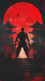 Blood-red moon crowns the lone warrior on shadowed steps