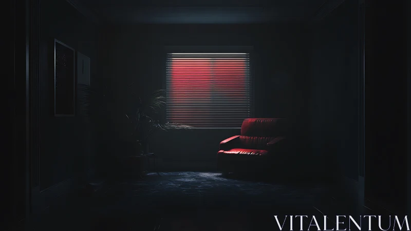 Red leather sofa under neon window glow in dark room.