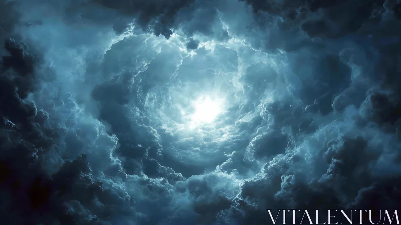 Luminous storm vortex opens in swirling midnight clouds.