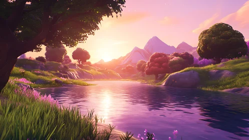 Digital painting sunset river valley with luminous foliage framing.