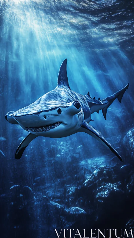 Curious hammerhead shark gliding through sunlit blue depths.