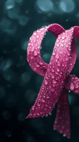 Pink awareness ribbon macro rendered with dewy surface realism