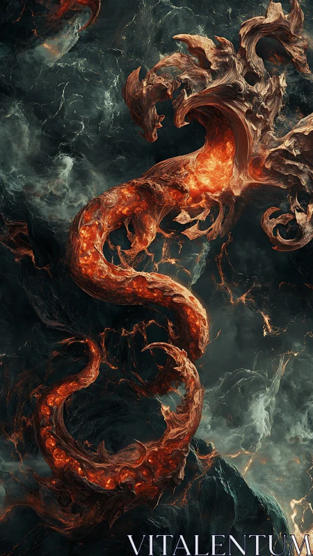 Fiery serpentine dragon coils through storm-torn abyssal sky