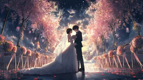 Anime wedding couple under glowing cherry blossoms at dusk.