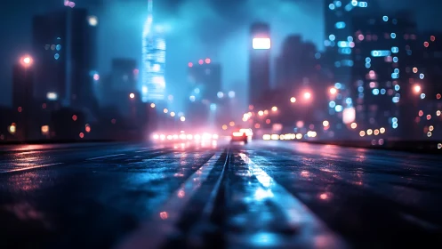 Midnight city drive along a glowing rainwashed highway.