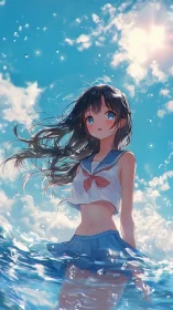 Sunlit schoolgirl enjoys a sparkling day in gentle waves