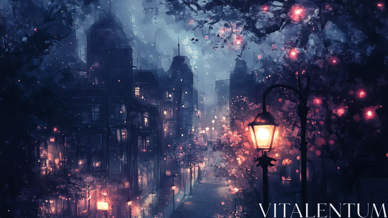 Lantern-lit misty city street drifting in dreamlike twilight.