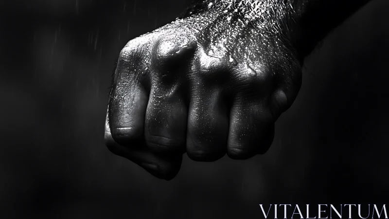 Closed fist with dramatic lighting and rain droplets