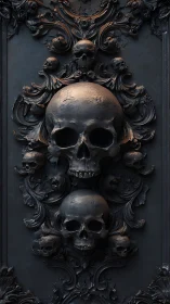 Baroque skull relief panel with ornate dark metal scrollwork.