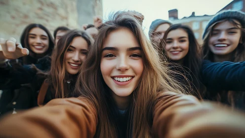 Wide‑angle outdoor selfie of friends with shallow depth of field