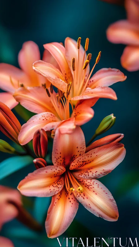 Coral Lilies with Spotted Petals Against Teal Background.