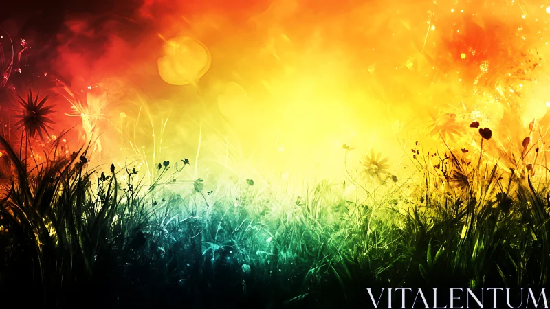 Gradient meadow silhouette under vivid abstract sky.