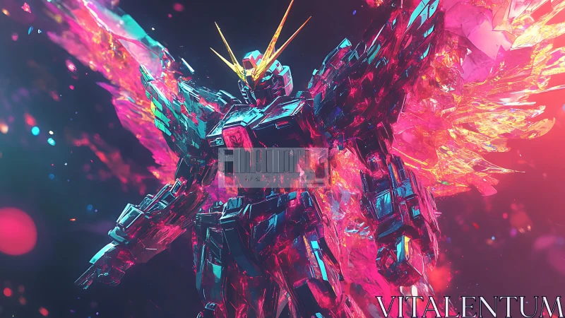 Crystal-winged mecha phoenix ignites in neon starlight.