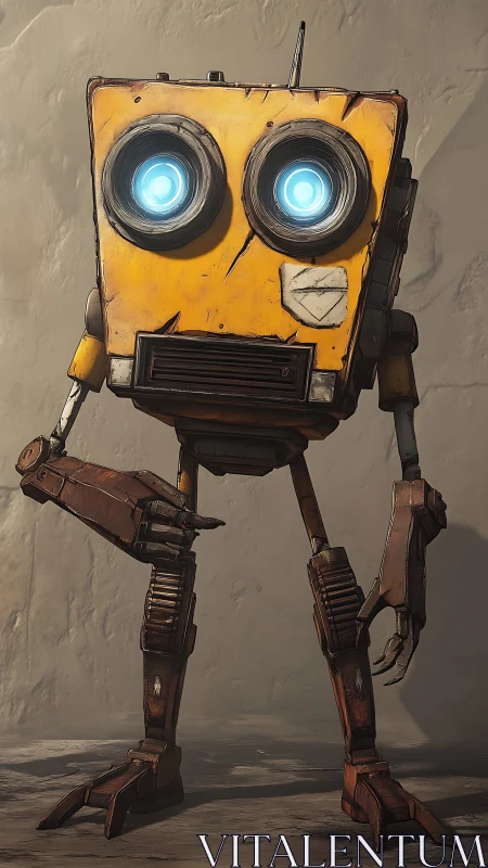 Wide-eyed scrapyard scout robot waits in dusty daylight.
