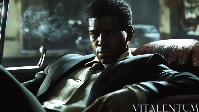 Noir-lit suited man reclines in car interior with cinematic tension