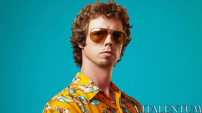 Chromatic retro portrait with teal field and amber optics.