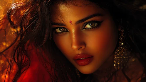 Golden gaze in ember light, a portrait alive with fire.