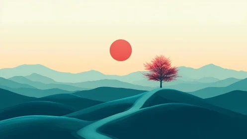 Solitary pink tree welcomes sunrise over rolling teal hills