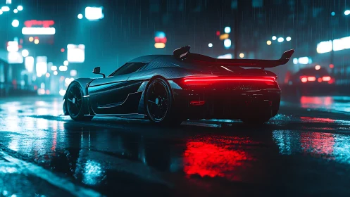 Midnight supercar glow on a neon soaked rainy city street.