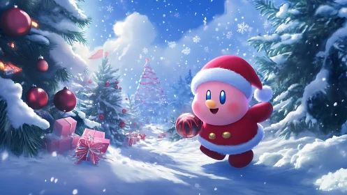 Rendered pink mascot in Santa suit traverses snowy forest path