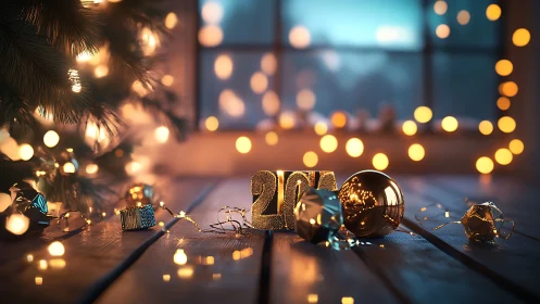 Golden New Year 2024 decor glows over rustic wood table