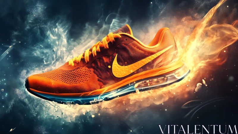 Orange athletic running shoe in dynamic fiery motion.