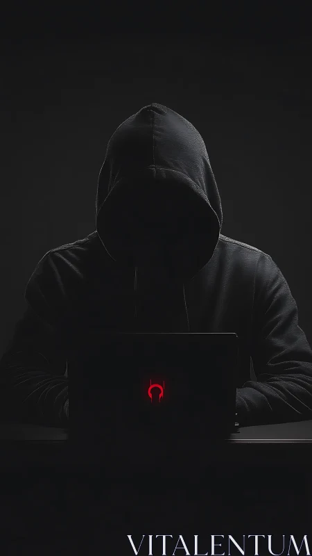 Shadowed hood hacker bends the dark around red code flare.
