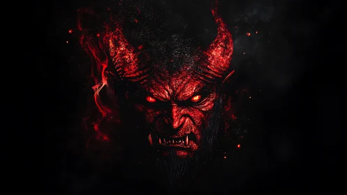 Red horned demonic head emerging from dark background.