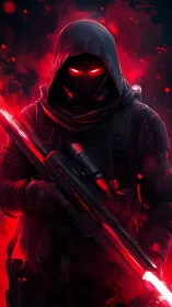 Shadow sniper in crimson haze, glowing eyes watching all.