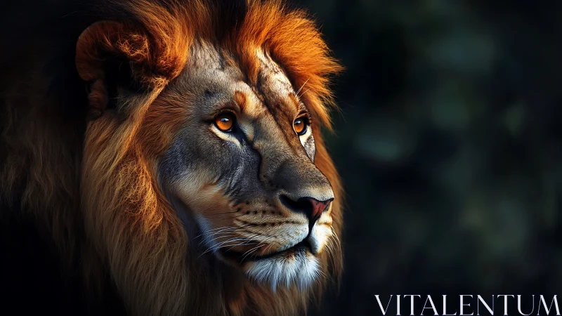Majestic lion portrait glows against a deep shadowed backdrop