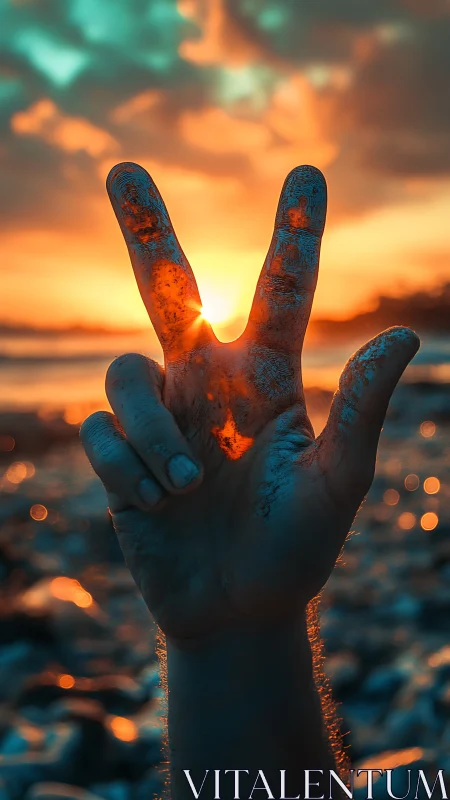 Sunlit peace hand gesture in teal orange coastal glow.