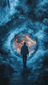 Smoke-wreathed wanderer steps toward a burning cosmic gate