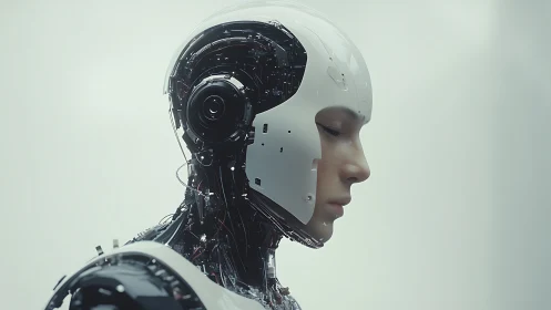 Serene humanoid android pauses in a soft, futuristic glow