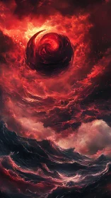 Crimson vortex hangs over storm-tossed infernal sea