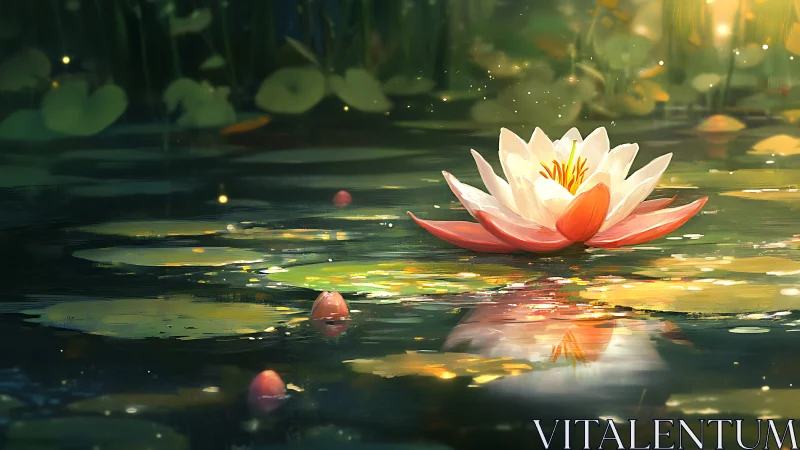 Luminous water lily on reflective pond at sunset light.