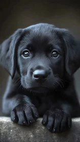 High-detail close-up portrait of glossy black Labrador puppy