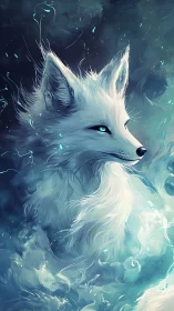 Ethereal white fox spirit emerges in swirling blue mist.