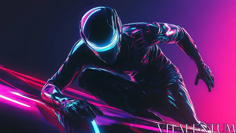 Futuristic neon-suited figure in dynamic crouched motion pose.