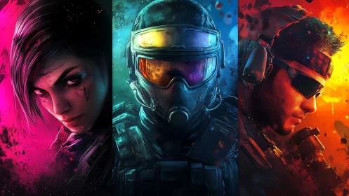 Neon-trimmed warriors ignite a triptych of cyber warfare