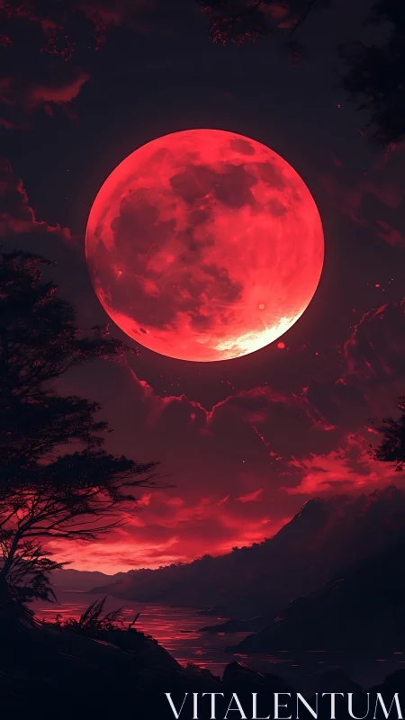 Crimson moon glows softly above a quiet shadowed shoreline