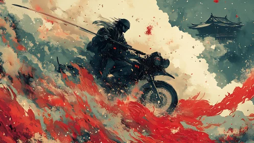 Samurai rider cuts through swirling fire and stormy sky
