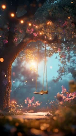 Enchanted garden swing glowing under twilight lanterns.