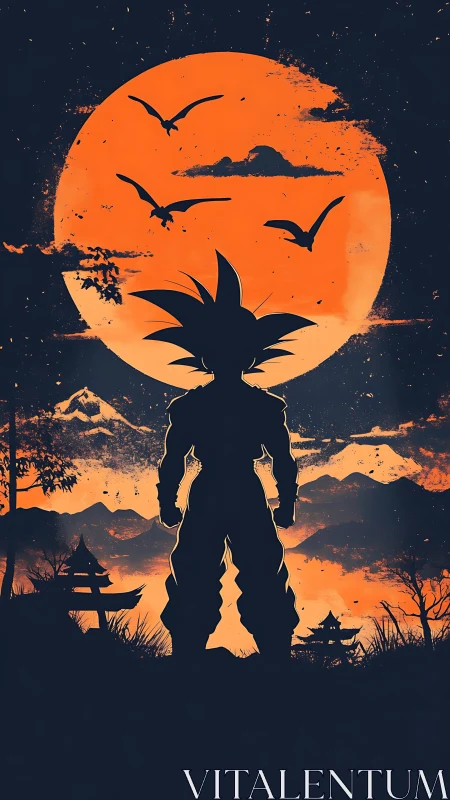 Bold warrior silhouette greets a blazing orange moonlit sky