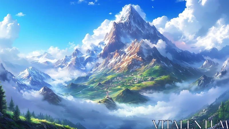 Atmospheric alpine massif with luminous valley micro-settlement.