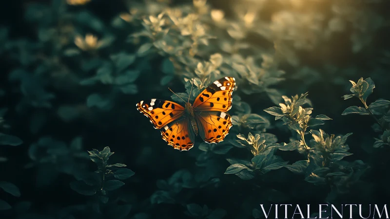 High-contrast orange butterfly in shallow-depth dusk foliage field