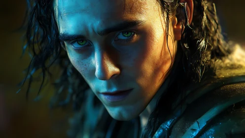 Brooding warrior portrait under dramatic teal rim light.