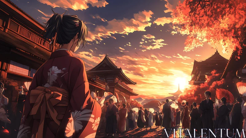 Sunset procession through autumn temple streets in Kyoto.