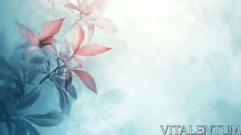 Soft pink leaves drift through misty cyan atmosphere.