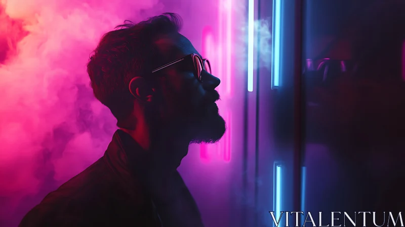 Side profile silhouette faces neon-lit wall in colored haze