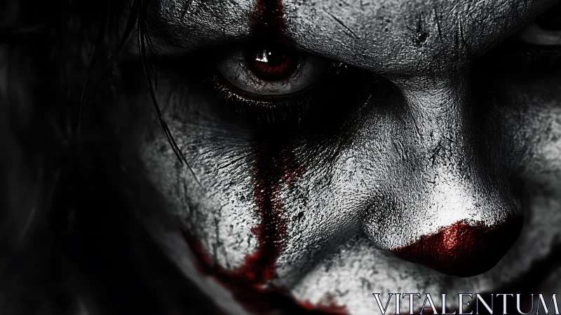 Close-up of sinister clown makeup on partially lit face.